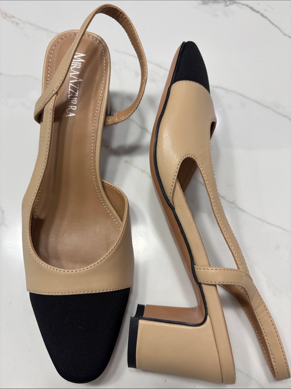 Nude and Black Slingback Block Heels